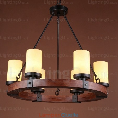 Rustikale Pendelleuchte im Landhausstil mit 6 Lichtern und Glasschirm Rustikale Pendelleuchte im Landhausstil mit 6 Lichtern und Glasschirm