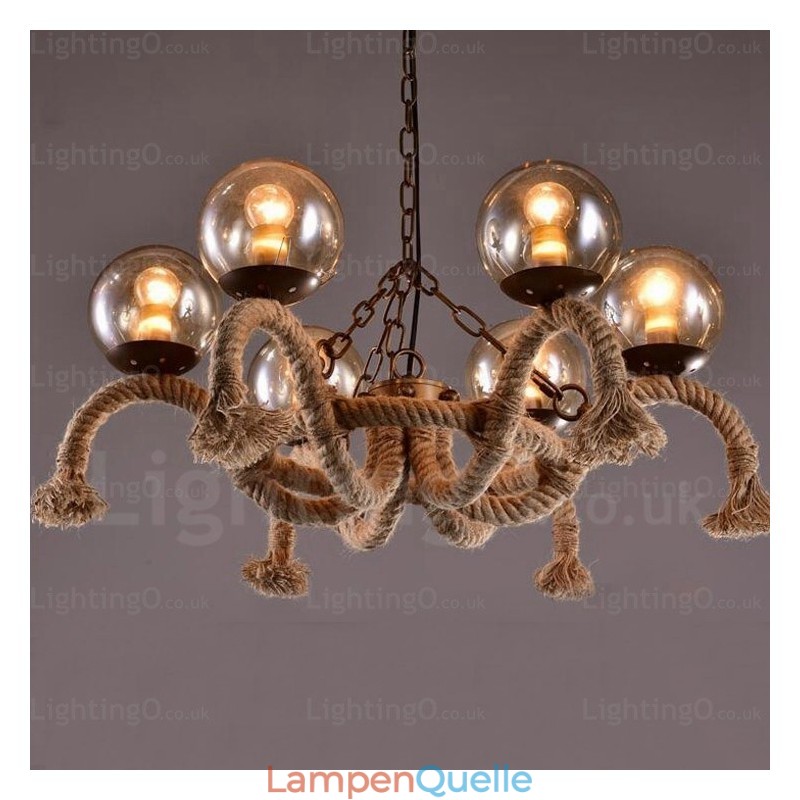 6-flammige Vintage-Retro-Pendelleuchte mit Glasschirm