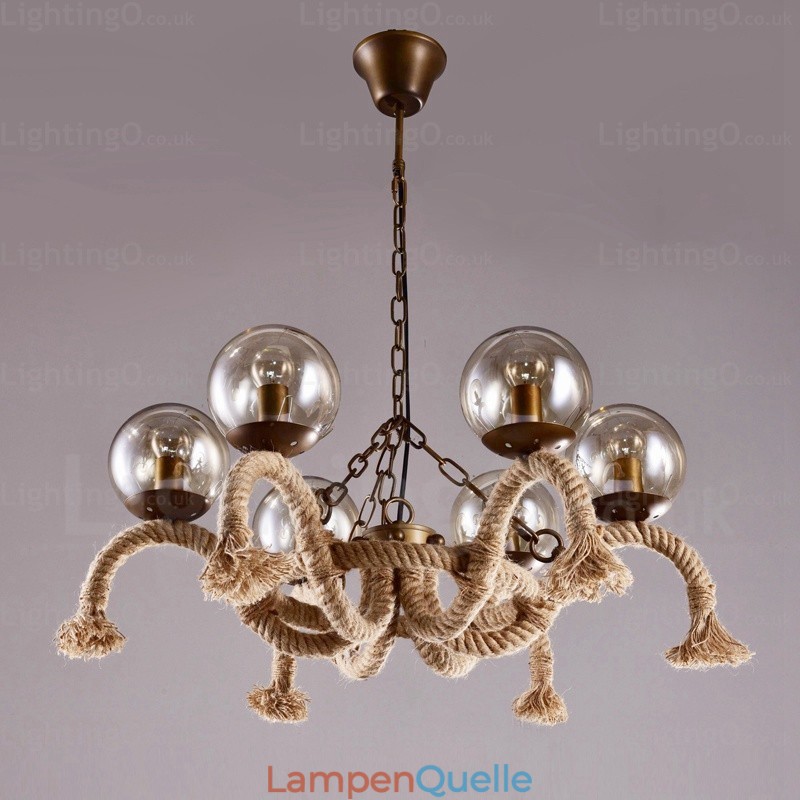 6-flammige Vintage-Retro-Pendelleuchte mit Glasschirm