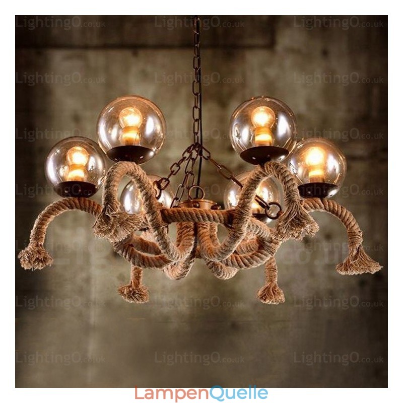6-flammige Vintage-Retro-Pendelleuchte mit Glasschirm