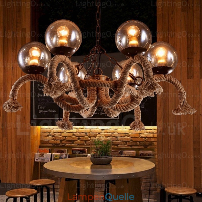 6-flammige Vintage-Retro-Pendelleuchte mit Glasschirm