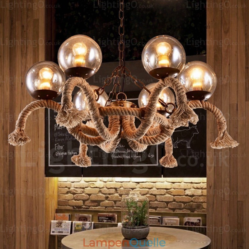 6-flammige Vintage-Retro-Pendelleuchte mit Glasschirm
