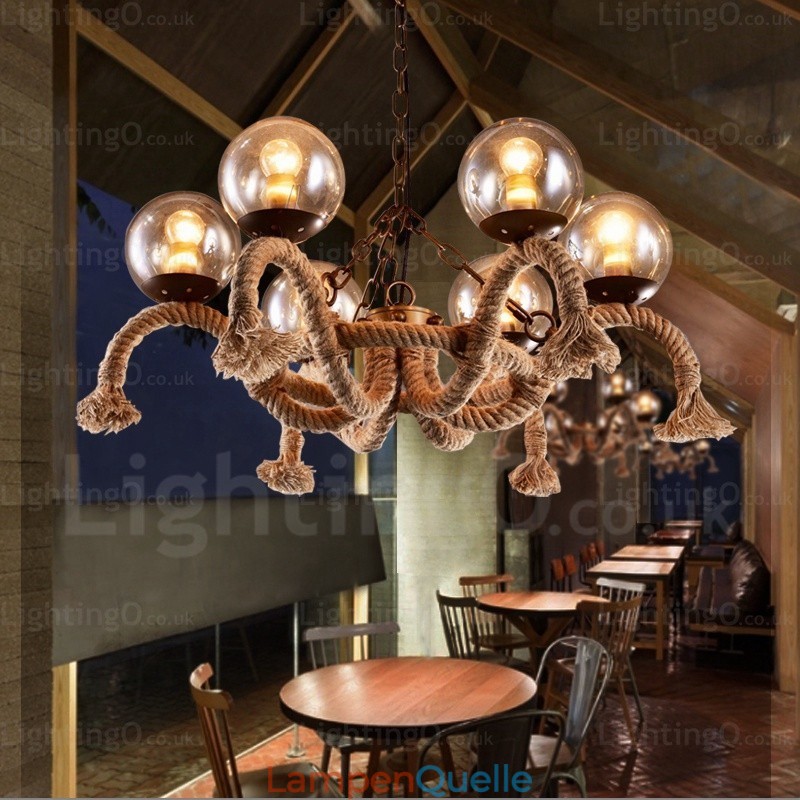 6-flammige Vintage-Retro-Pendelleuchte mit Glasschirm