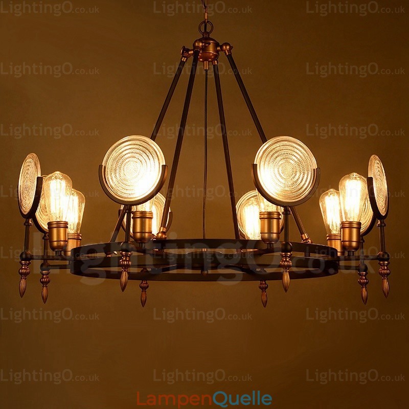 6-flammige Vintage-Retro-Pendelleuchte mit Glasschirm