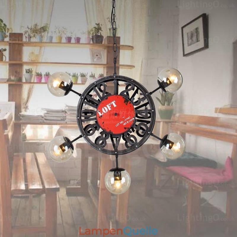 5-flammige Vintage-Retro-Pendelleuchte mit Glasschirm