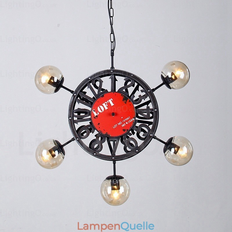 5-flammige Vintage-Retro-Pendelleuchte mit Glasschirm