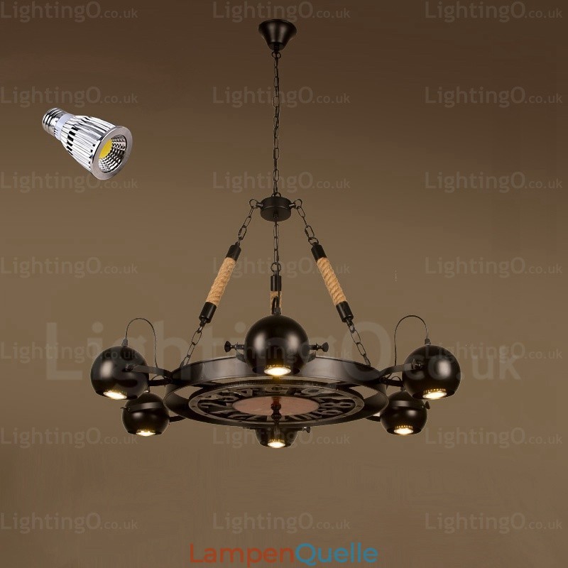 6-flammige Vintage-Retro-Pendelleuchte mit Edelstahlschirm