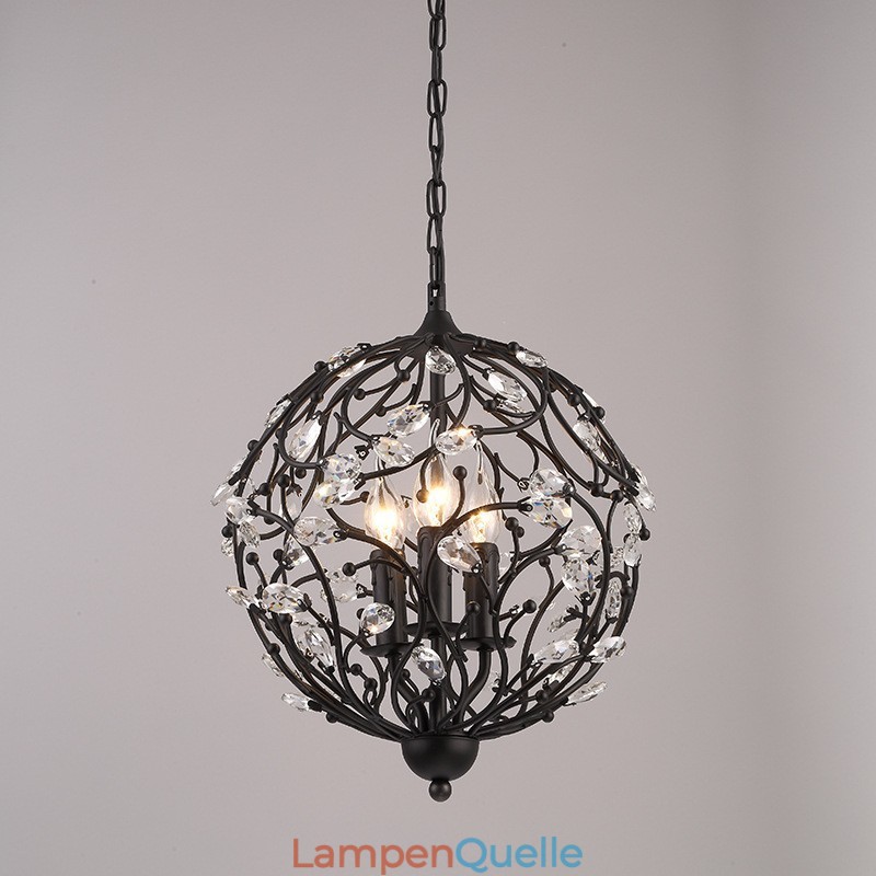 3-flammige Vintage Retro Kugel-Kristall-Pendelleuchte