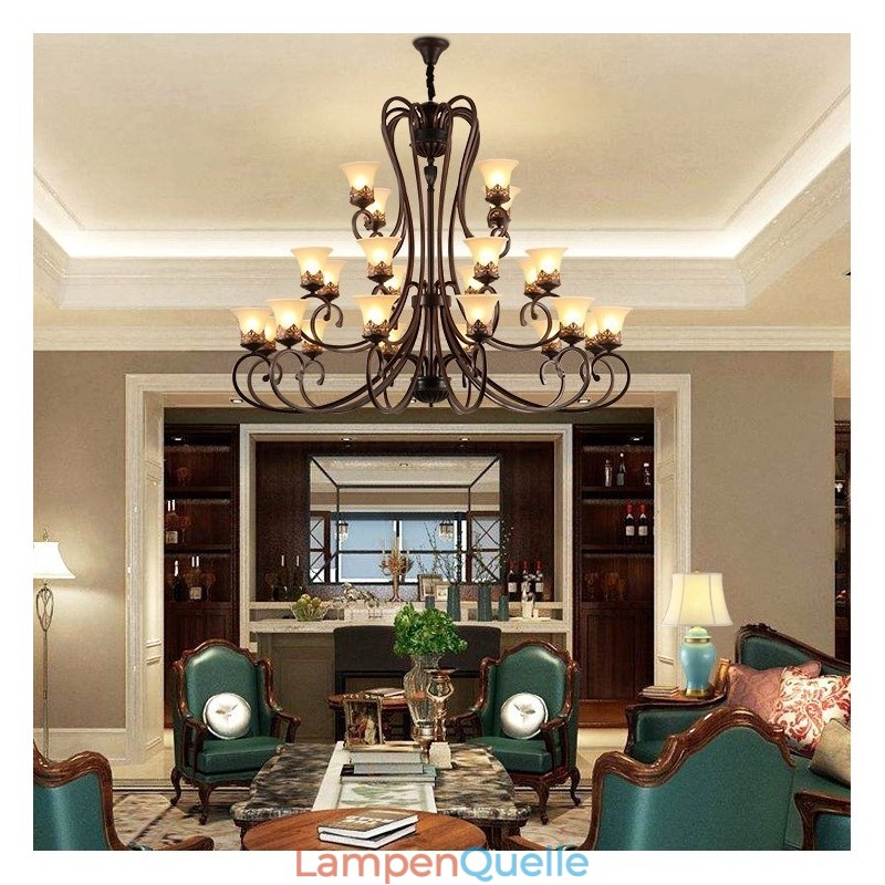 24 Lichter Hohe Decke Vintage Country Island Malerei Metall Kronleuchter mit Glasschirmen Hohe Decke