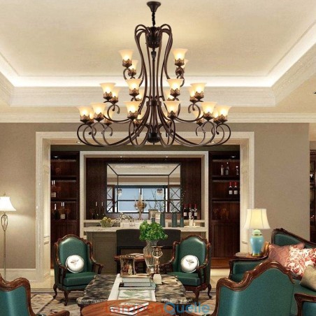 24 Lichter Hohe Decke Vintage Country Island Malerei Metall Kronleuchter mit Glasschirmen Hohe Decke