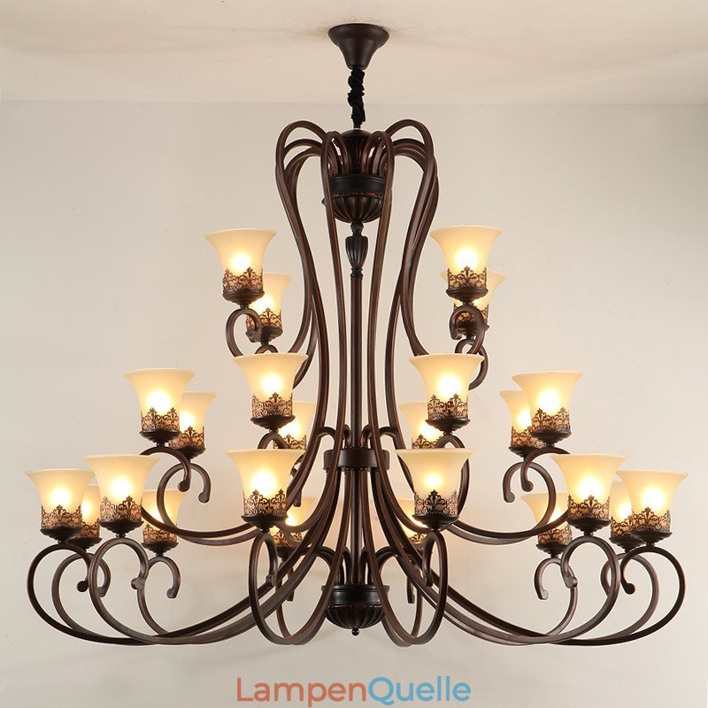 24 Lichter Hohe Decke Vintage Country Island Malerei Metall Kronleuchter mit Glasschirmen Hohe Decke