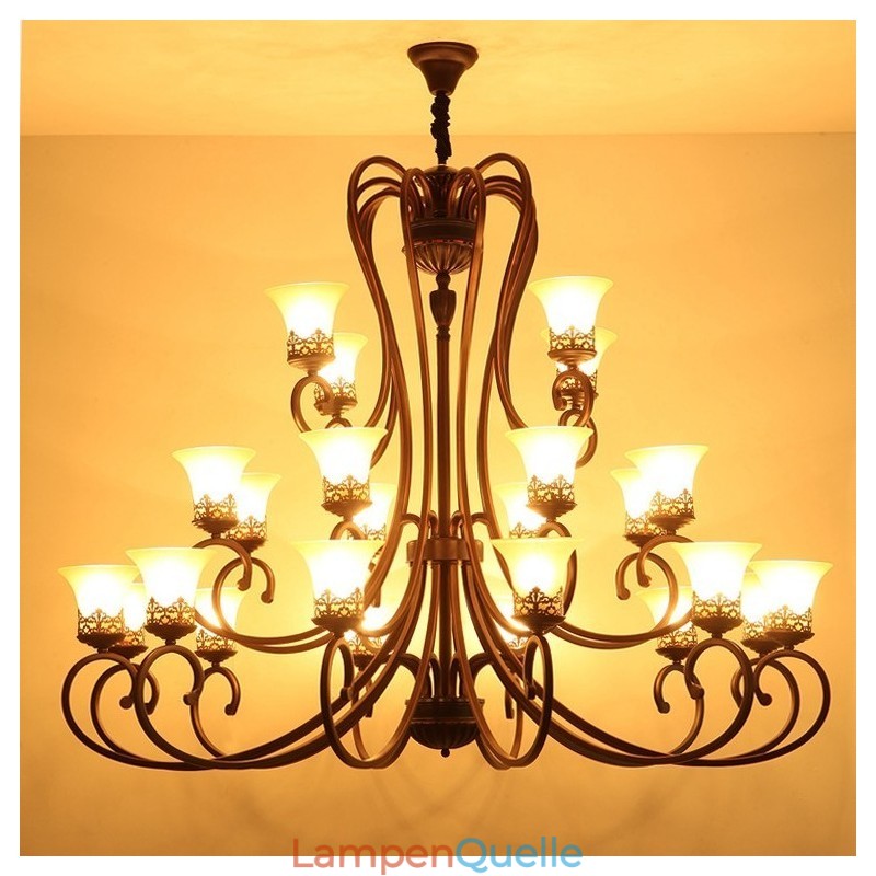 24 Lichter Hohe Decke Vintage Country Island Malerei Metall Kronleuchter mit Glasschirmen Hohe Decke