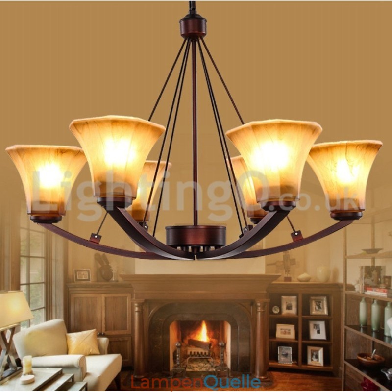 Rustikaler Kronleuchter mit 6 Glühbirnen, Glaslampenschirm, Edelstahl