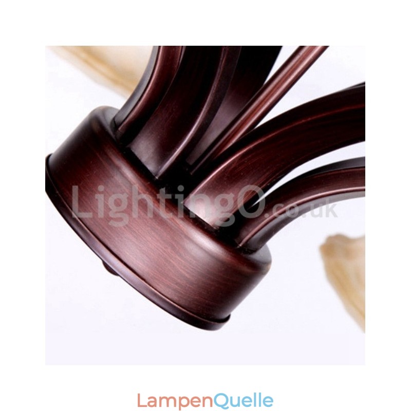 Rustikaler Kronleuchter mit 6 Glühbirnen, Glaslampenschirm, Edelstahl