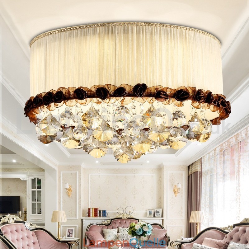 Zeitgenössische moderne 50CM Runde Flush Mount Kristall Deckenleuchten Stoff Schatten