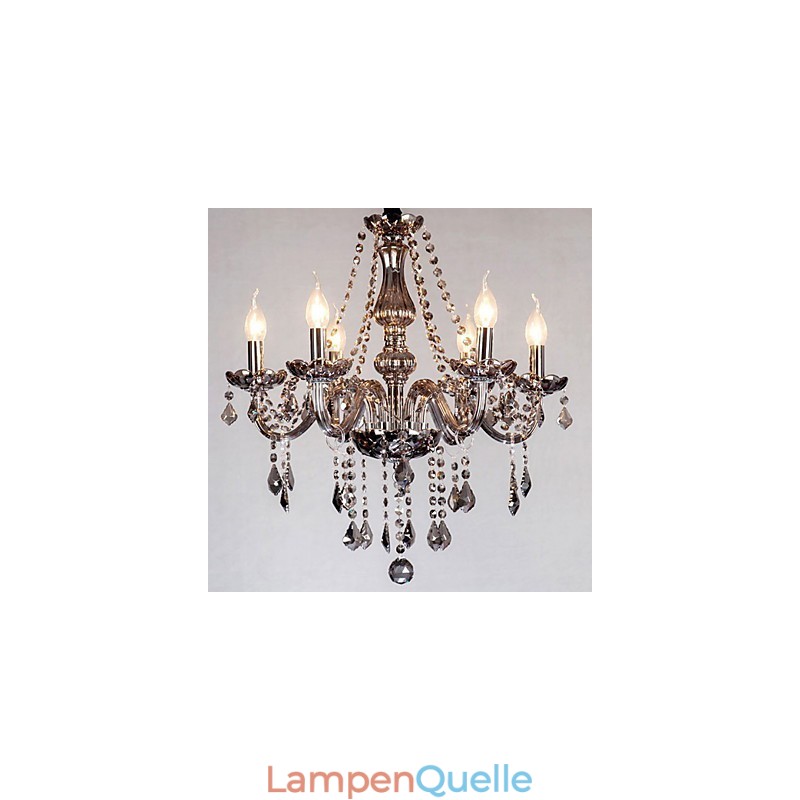 6 Lichter Europäischer Kristall-Kronleuchter in grauem Glas und Kristall