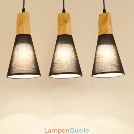 Moderne Pendelleuchte aus Holz mit 1 Licht und 3 Lichtern und Stoffschirm Moderne Pendelleuchte aus Holz mit 1 Licht und 3 Lichtern und Stoffschirm