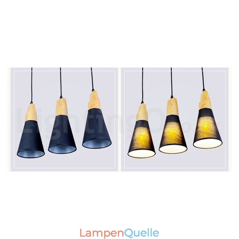 Moderne Pendelleuchte aus Holz mit 1 Licht und 3 Lichtern und Stoffschirm