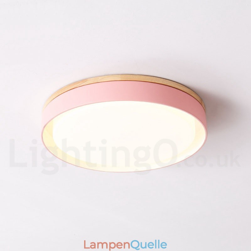 Dimmbare mehrfarbige runde Deckenleuchte aus Holz mit Acrylschirm, Deckenlampe im nordischen Stil