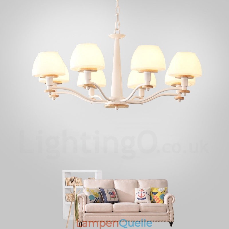 6-flammig 8-flammig Mehrfarbig Macaron Holz Pendelleuchte mit Glasschirmen Kronleuchter Nordischer Stil