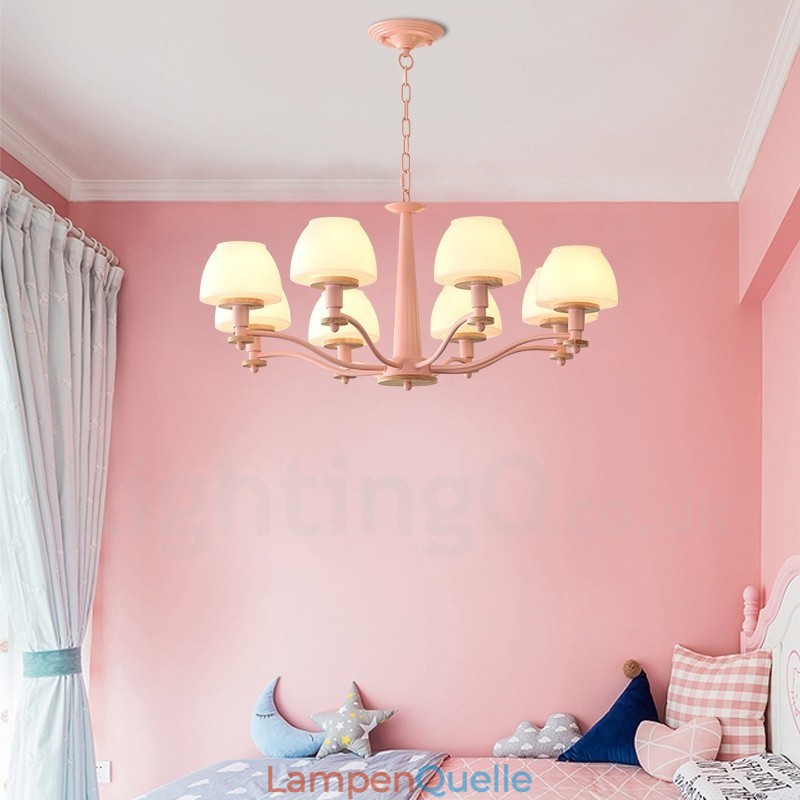 6-flammig 8-flammig Mehrfarbig Macaron Holz Pendelleuchte mit Glasschirmen Kronleuchter Nordischer Stil