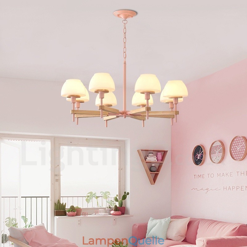6-flammig 8-flammig Mehrfarbig Macaron Holz Pendelleuchte mit Glasschirmen Kronleuchter Nordischer Stil