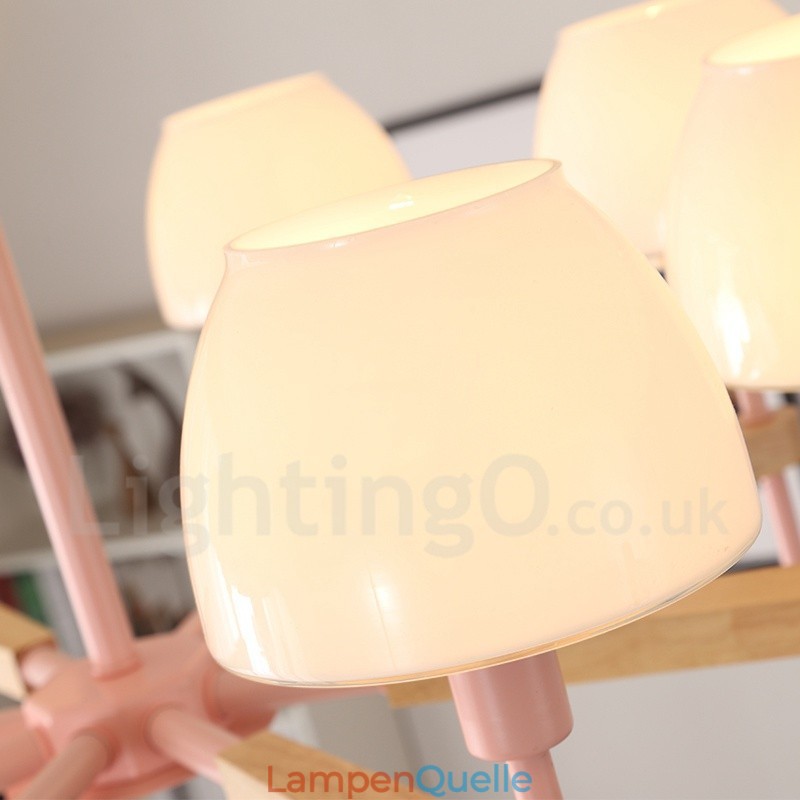 6-flammig 8-flammig Mehrfarbig Macaron Holz Pendelleuchte mit Glasschirmen Kronleuchter Nordischer Stil