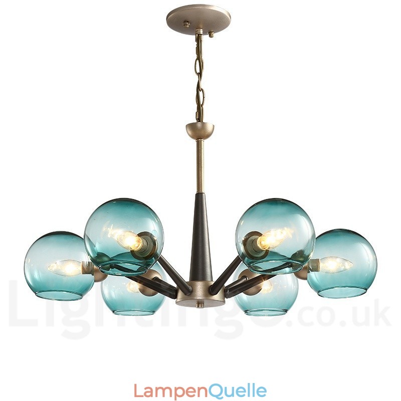 Rustikaler Kronleuchter im Retro-Vintage-Stil „Magic Bean“ mit mehrfarbigen Glasschirmen