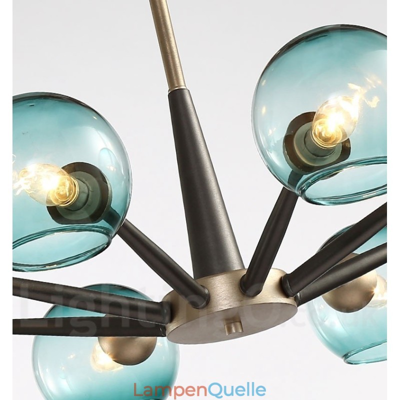 Rustikaler Kronleuchter im Retro-Vintage-Stil „Magic Bean“ mit mehrfarbigen Glasschirmen