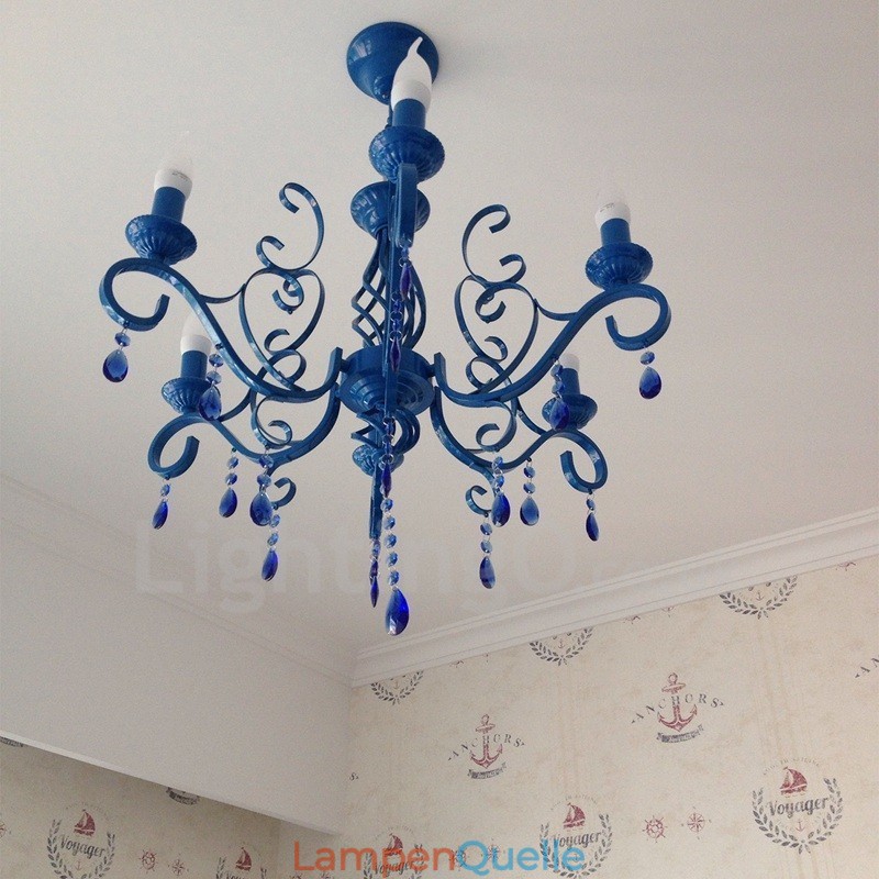 6 Licht Kristall rustikalen Retro Vintage schwarz weiß blau Anhänger Kerze Kronleuchter