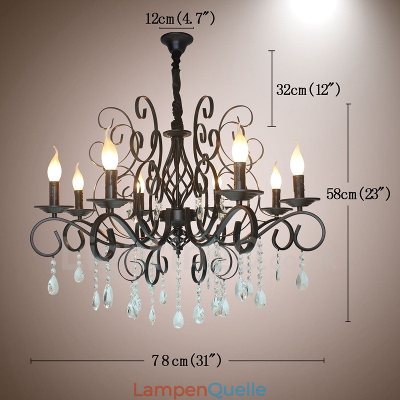 8 Licht Kristall Rustikal Retro Vintage Schwarz Anhänger Kerze Kronleuchter