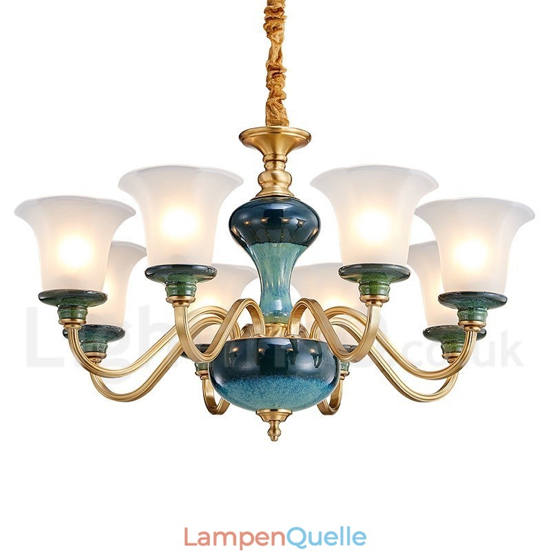 Retro Vintage Messing Keramik Anhänger Kerze Kronleuchter mit Glasschirmen