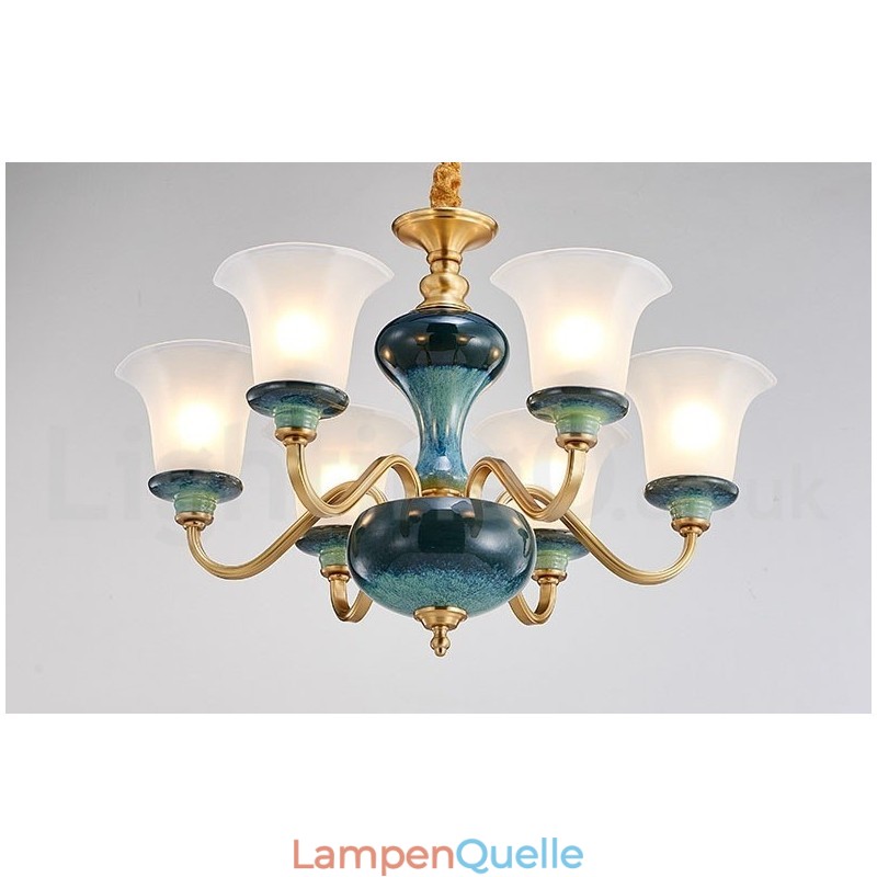 Retro Vintage Messing Keramik Anhänger Kerze Kronleuchter mit Glasschirmen