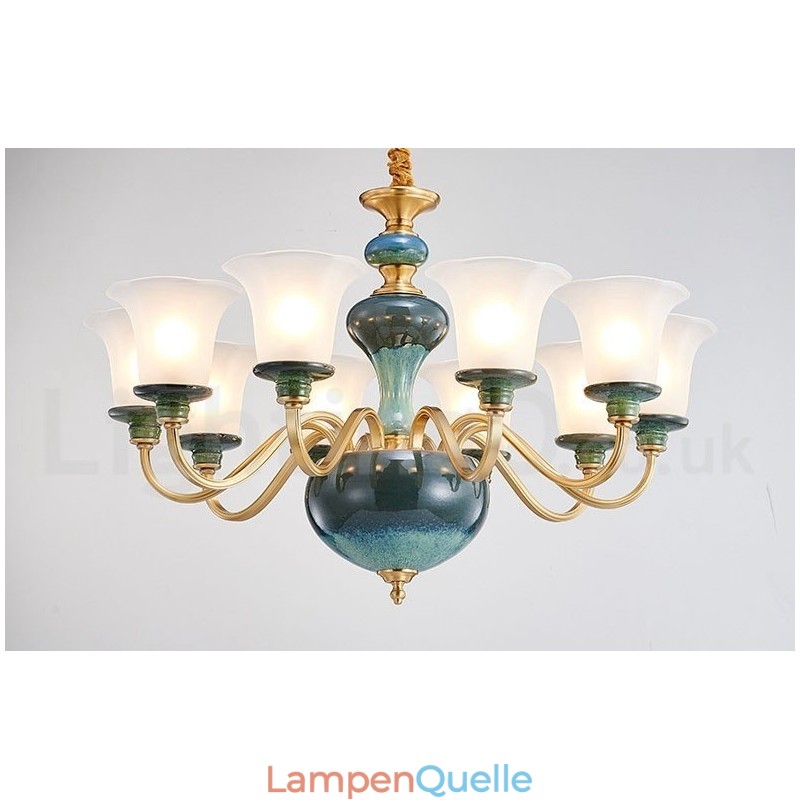 Retro Vintage Messing Keramik Anhänger Kerze Kronleuchter mit Glasschirmen