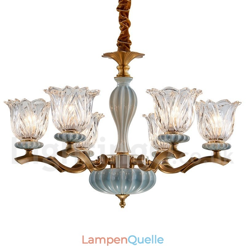Retro Vintage Messing Keramik Anhänger Kerze Kronleuchter mit Glasschirmen