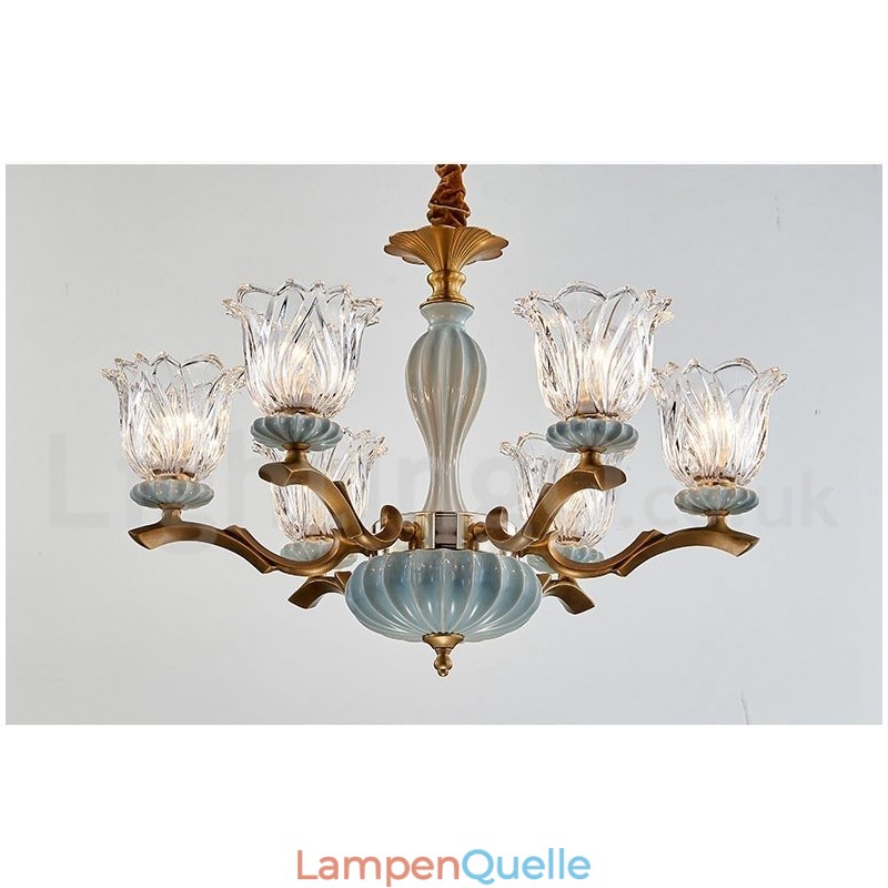 Retro Vintage Messing Keramik Anhänger Kerze Kronleuchter mit Glasschirmen