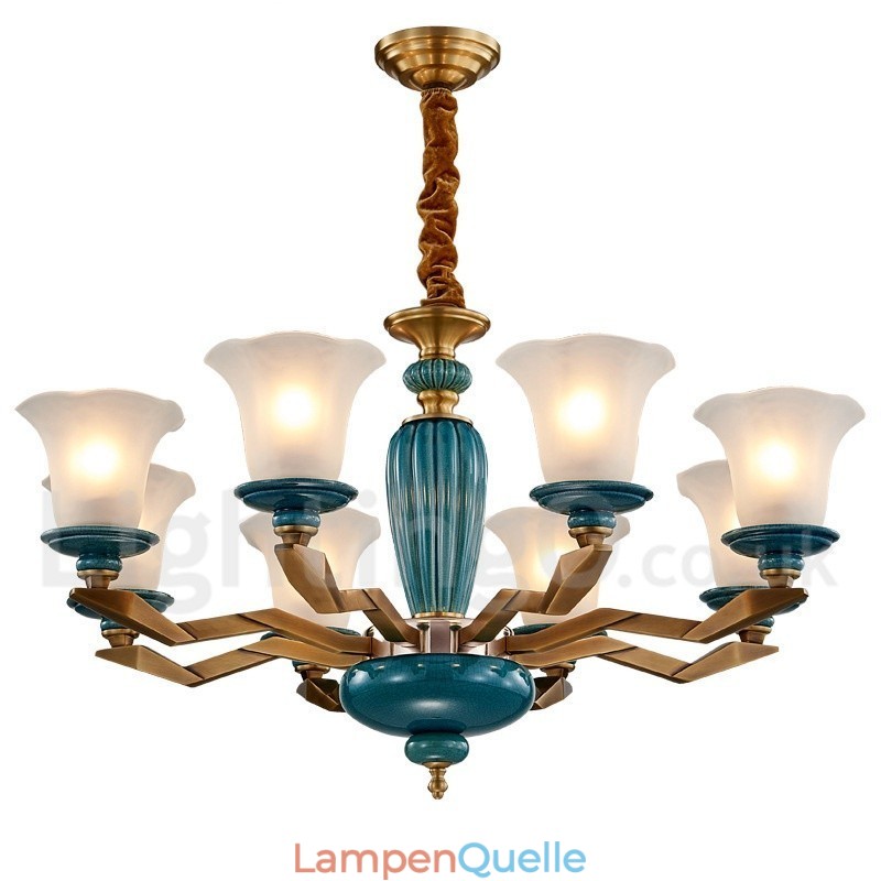 Retro Vintage Messing Keramik Anhänger Kerze Kronleuchter mit Glasschirmen