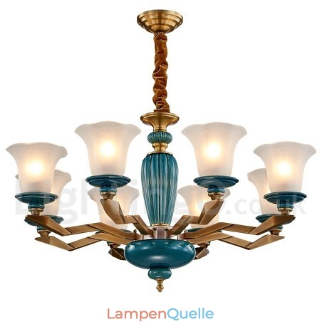 Retro Vintage Messing Keramik Anhänger Kerze Kronleuchter mit Glasschirmen Retro Vintage Messing Keramik Anhänger Kerze Kronleuchter mit Glasschirmen