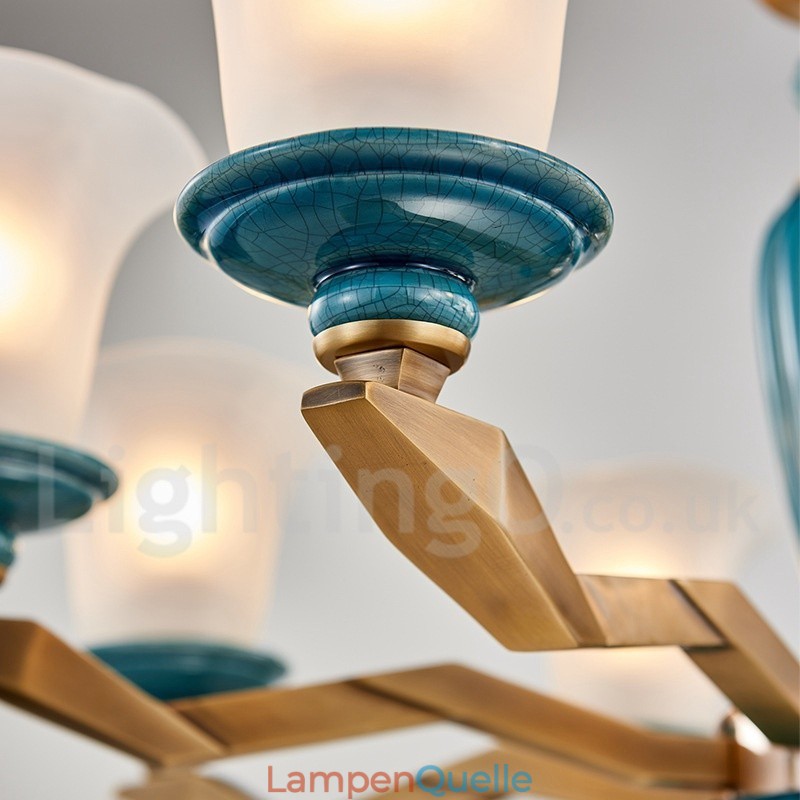 Retro Vintage Messing Keramik Anhänger Kerze Kronleuchter mit Glasschirmen