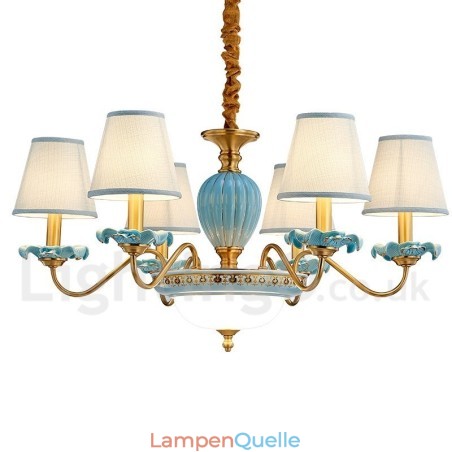 Retro Vintage Messing Keramik Anhänger Kerze Kronleuchter mit blauen Stoffschirmen Retro Vintage Messing Keramik Anhänger Kerze Kronleuchter mit blauen Stoffschirmen