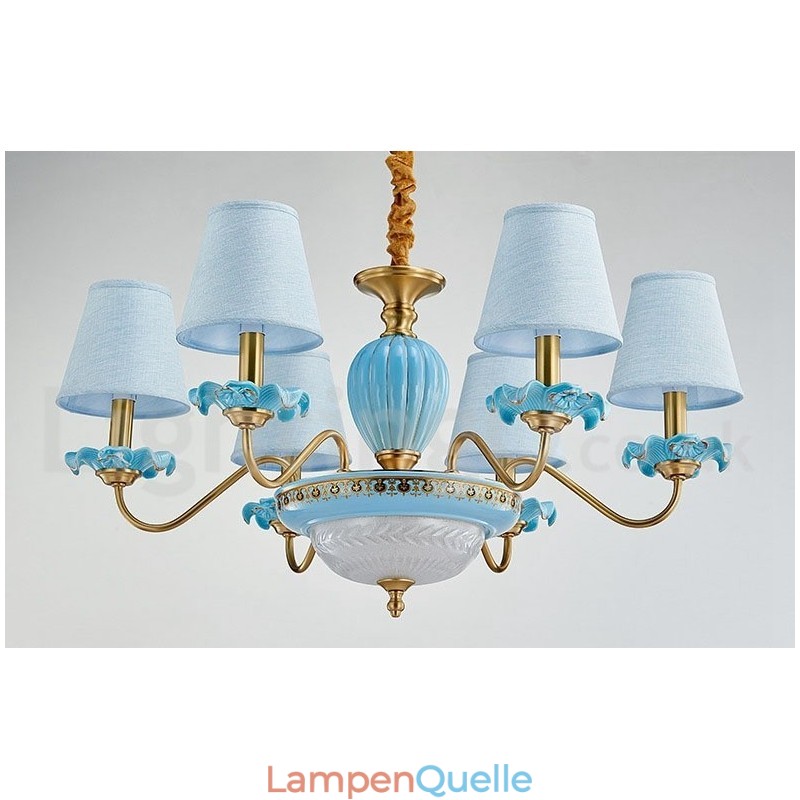 Retro Vintage Messing Keramik Anhänger Kerze Kronleuchter mit blauen Stoffschirmen