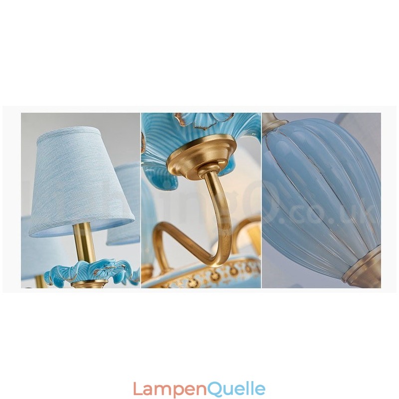 Retro Vintage Messing Keramik Anhänger Kerze Kronleuchter mit blauen Stoffschirmen