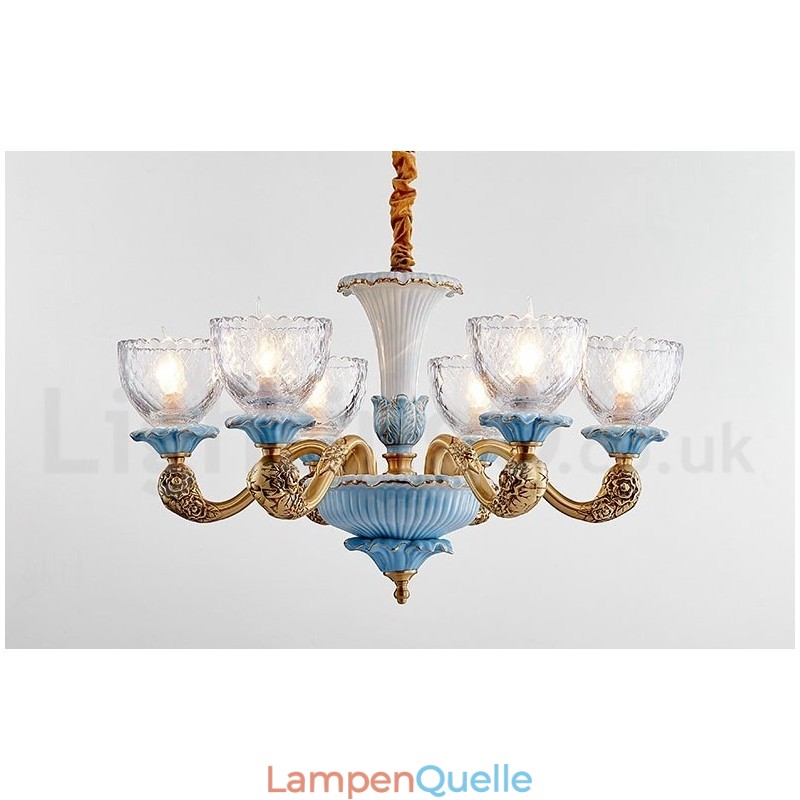 Retro Vintage Messing Keramik Anhänger Kerze Kronleuchter mit Glasschirmen