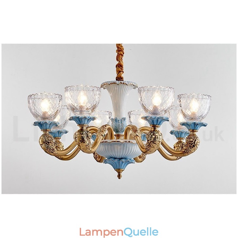 Retro Vintage Messing Keramik Anhänger Kerze Kronleuchter mit Glasschirmen