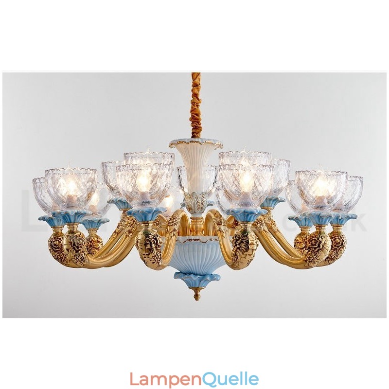 Retro Vintage Messing Keramik Anhänger Kerze Kronleuchter mit Glasschirmen