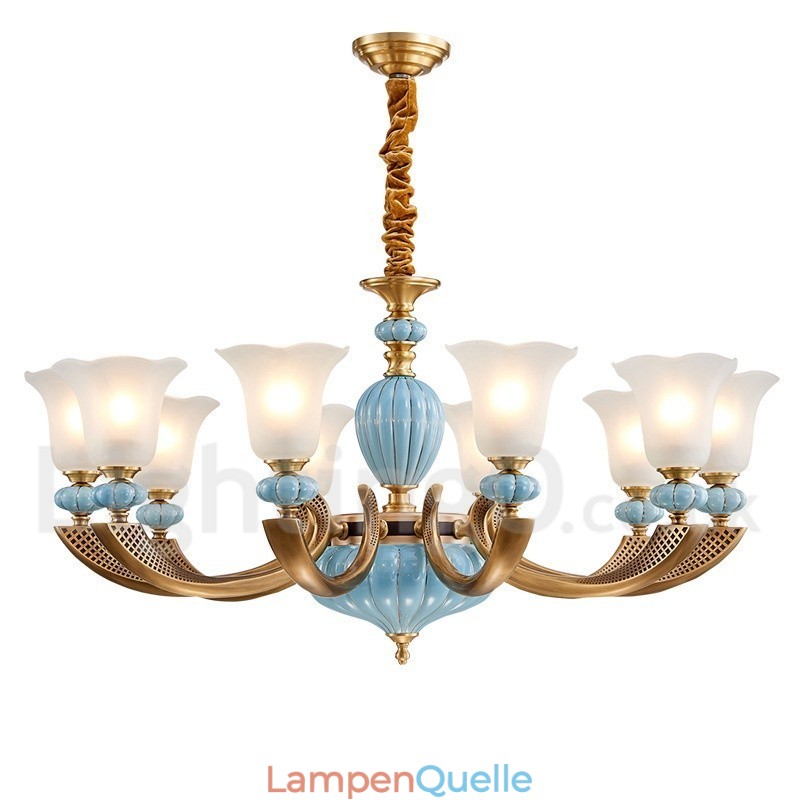 Retro Vintage Messing Keramik Anhänger Kerze Kronleuchter mit Glasschirmen