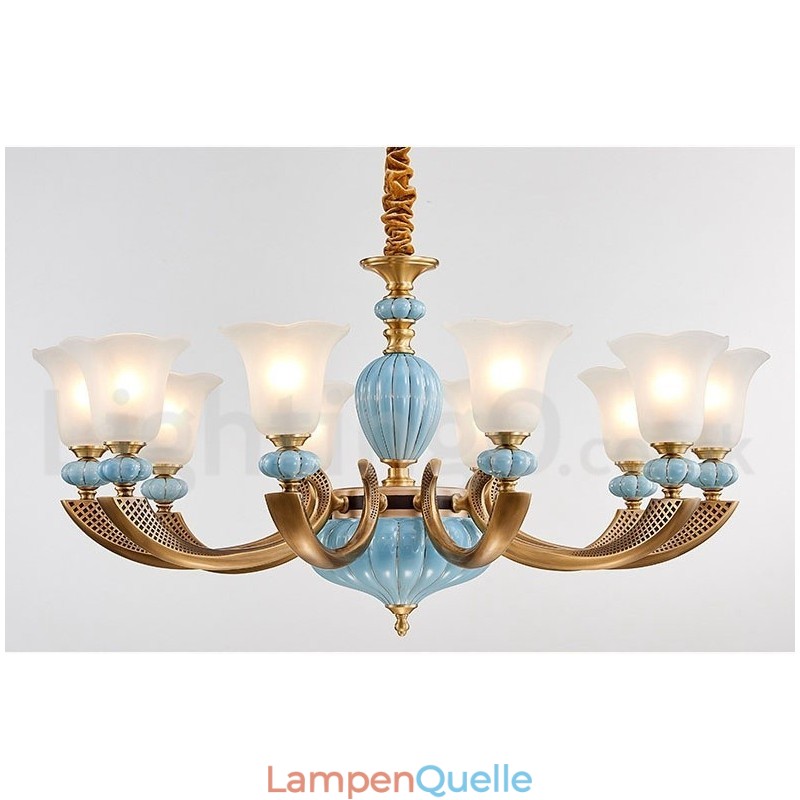 Retro Vintage Messing Keramik Anhänger Kerze Kronleuchter mit Glasschirmen