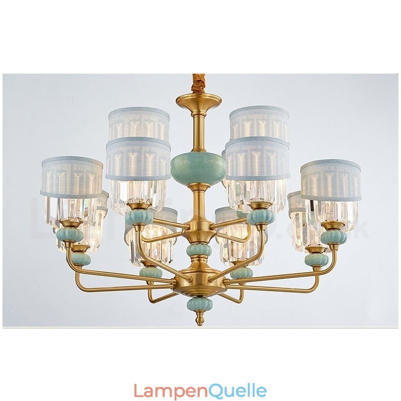 Luxuriöser rustikaler Retro-Keramik-Kerzenleuchter aus reinem Messing mit Stoff- und Kristallschirmen