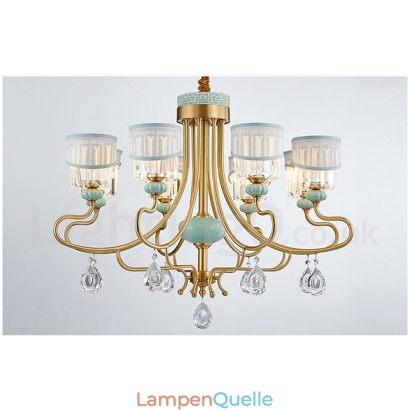 Luxuriöser rustikaler Retro-Keramik-Kerzenleuchter aus reinem Messing mit Stoff- und Kristallschirmen