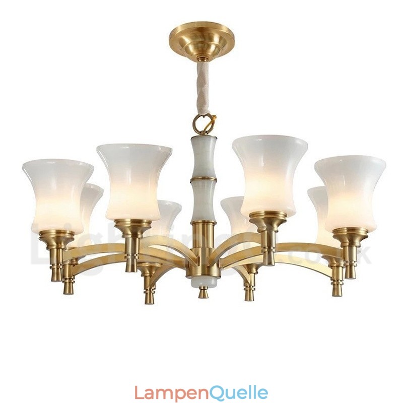 Luxuriöser rustikaler Retro-Kerzenleuchter aus reinem Messing im Vintage-Stil mit Steinanhänger und Glasschirmen